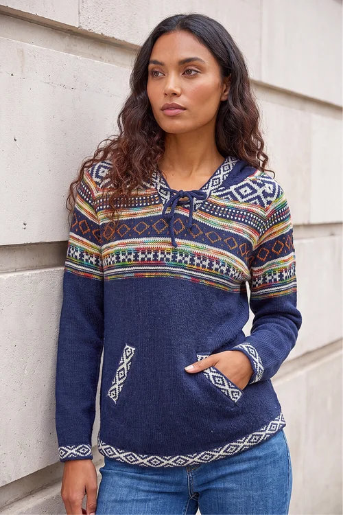 Roman Midnight Blue Nordic Print Hooded V-Neck Jumper - 20 Image 2