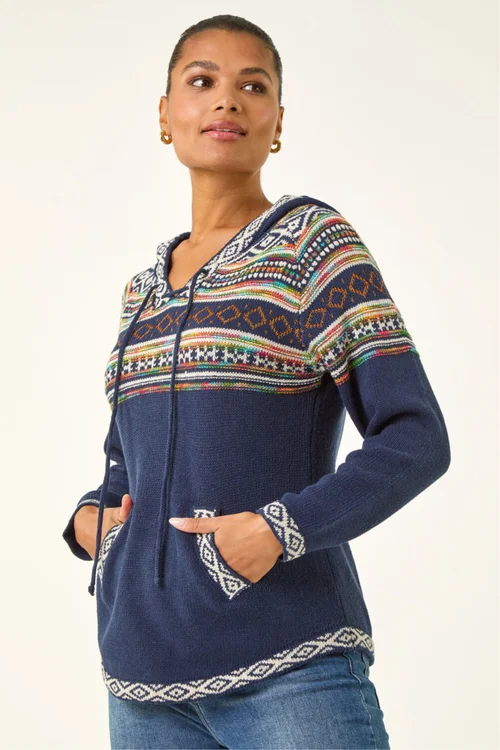 Roman Midnight Blue Nordic Print Hooded V-Neck Jumper - 10 Image 4