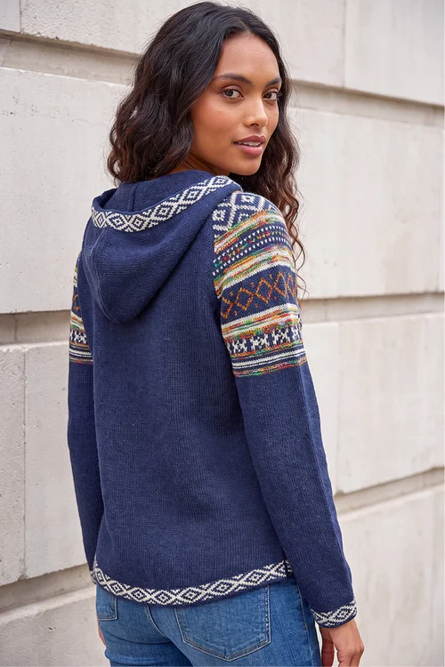 Roman Midnight Blue Nordic Print Hooded V-Neck Jumper - 20 Image 4