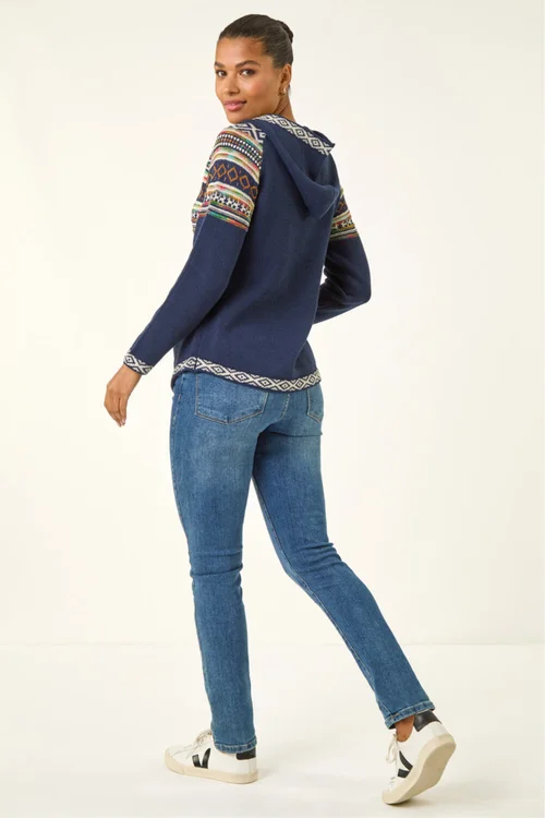 Roman Midnight Blue Nordic Print Hooded V-Neck Jumper - 10 Image 3