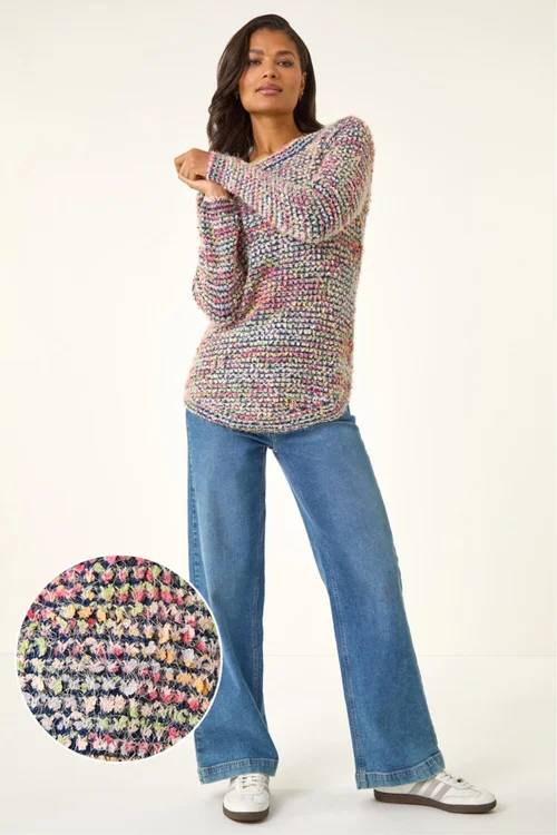 Roman Blue Fluffy Striped Curve Hem Jumper - 12 Image 2