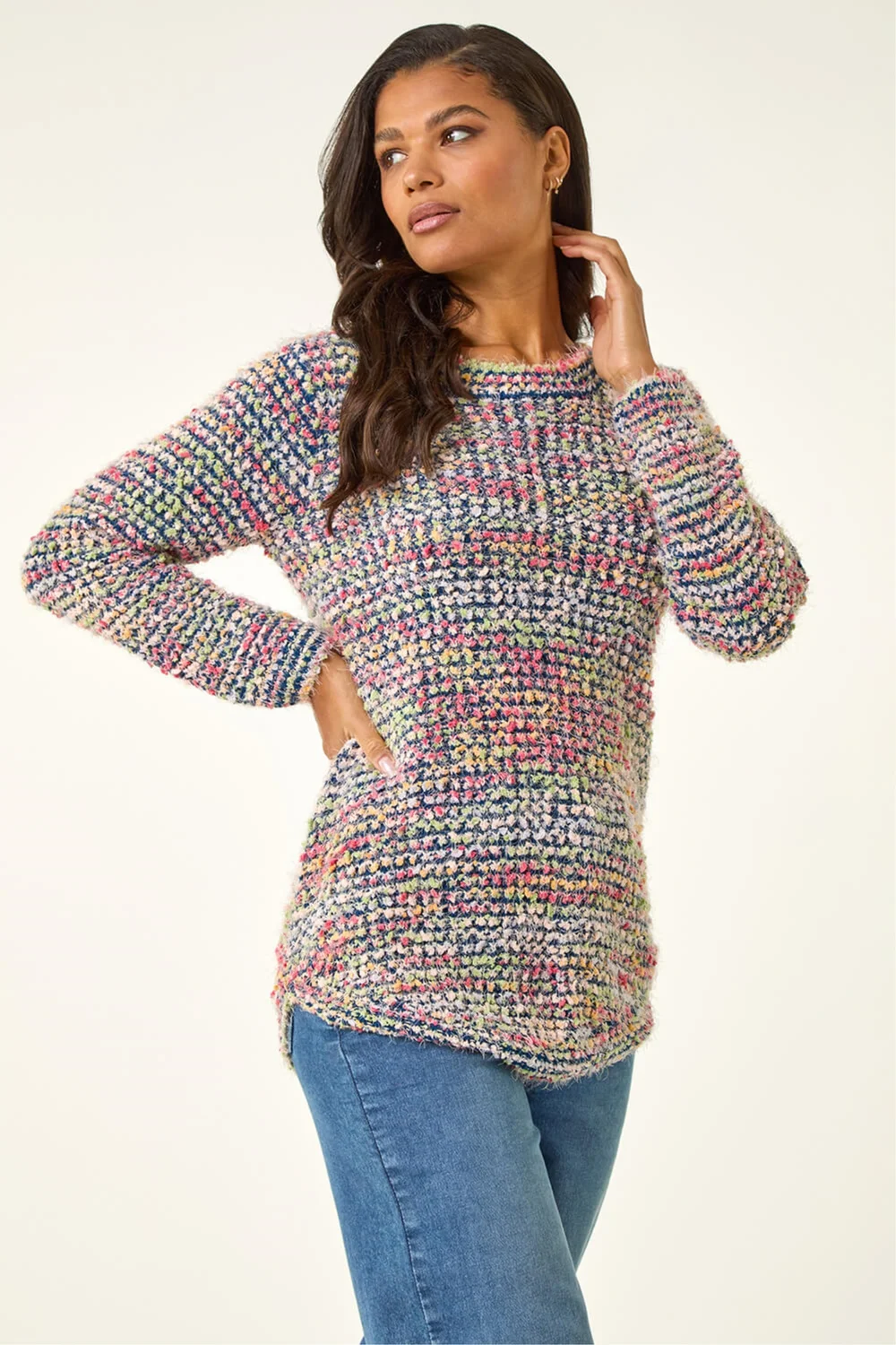 Roman Blue Fluffy Striped Curve Hem Jumper - 12 Image 4