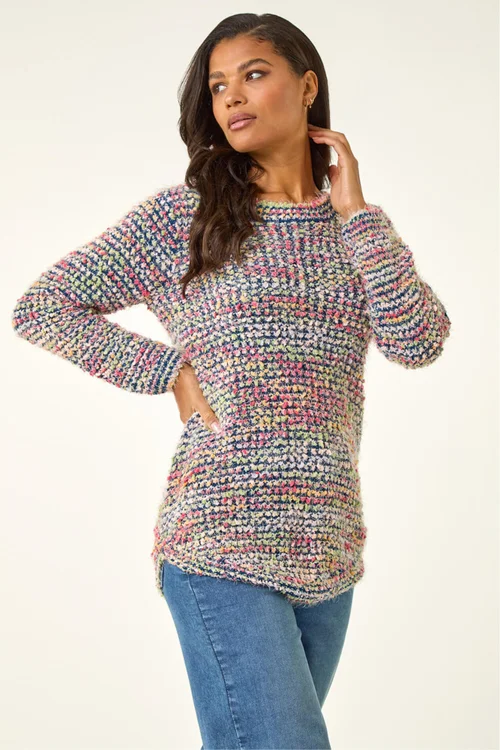 Roman Blue Fluffy Striped Curve Hem Jumper - 12 Image 4