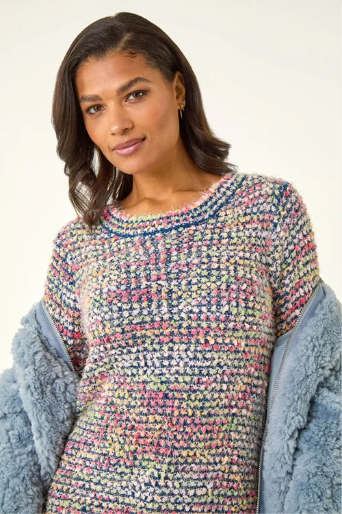 Roman Blue Fluffy Striped Curve Hem Jumper - 12 Image 1