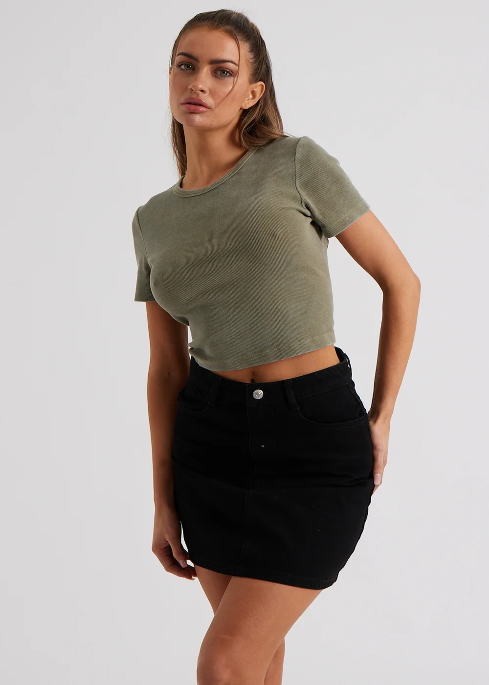 Urban Bliss Khaki Washed Ribbed Tee - 8 Image 1