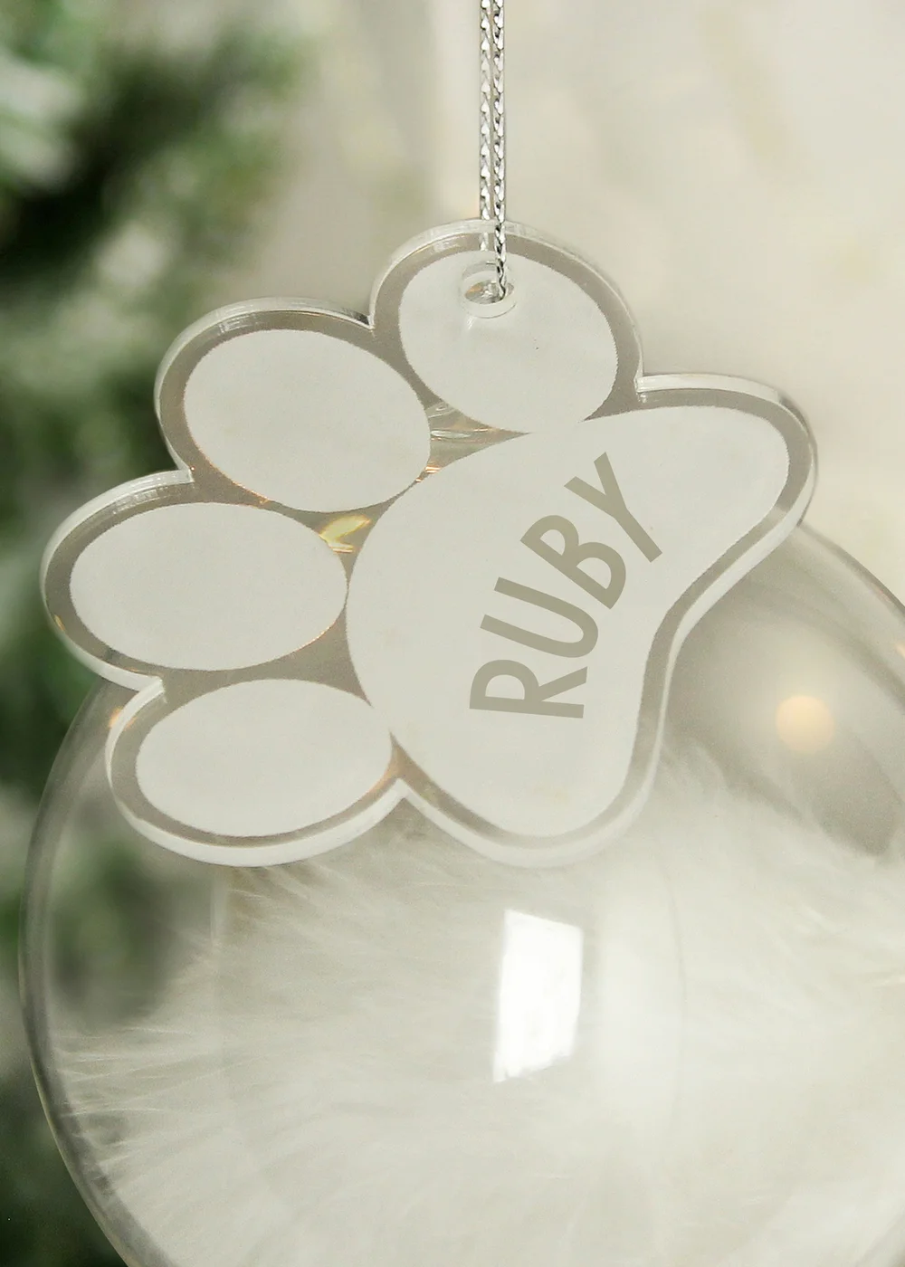 Personalised Memento Company Clear Pets Feather Glass Bauble With Paw Print Tag - One Size Image 2