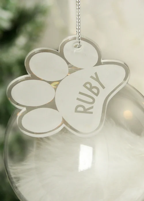 Personalised Memento Company Clear Pets Feather Glass Bauble With Paw Print Tag - One Size Image 2