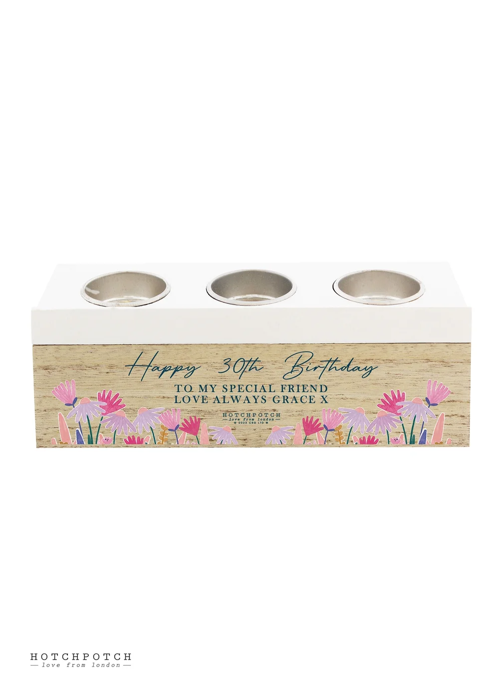 Personalised Memento Company Wood Hotchpotch Wild Flower Triple Tealight Box - One Size Image 1