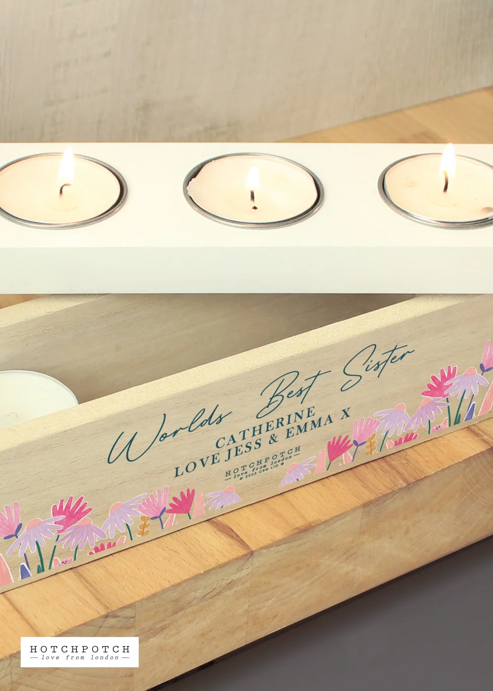 Personalised Memento Company Wood Hotchpotch Wild Flower Triple Tealight Box - One Size Image 2