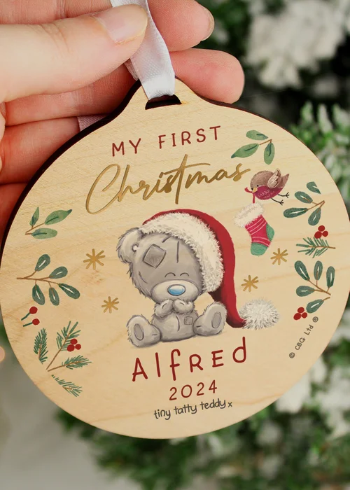 Personalised Memento Company Wood First Christmas Tiny Tatty Teddy Round Decoration - One Size Image 2
