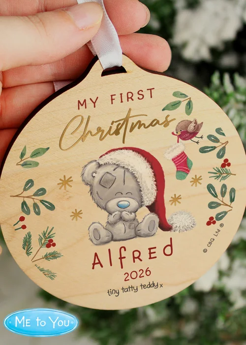 Personalised Memento Company Wood First Christmas Tiny Tatty Teddy Round Decoration - One Size Image 2