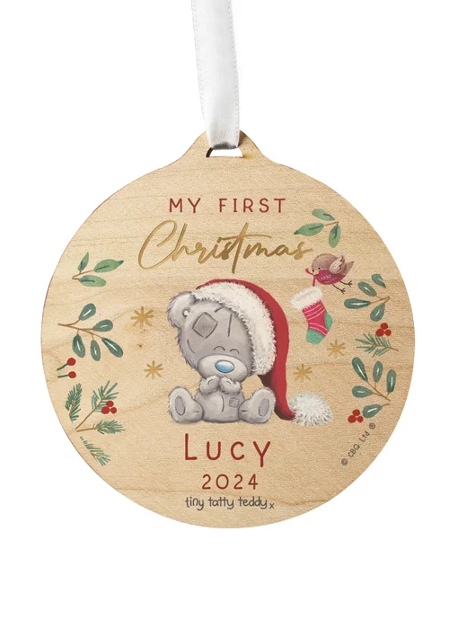 Personalised Memento Company Wood First Christmas Tiny Tatty Teddy Round Decoration - One Size Image 1