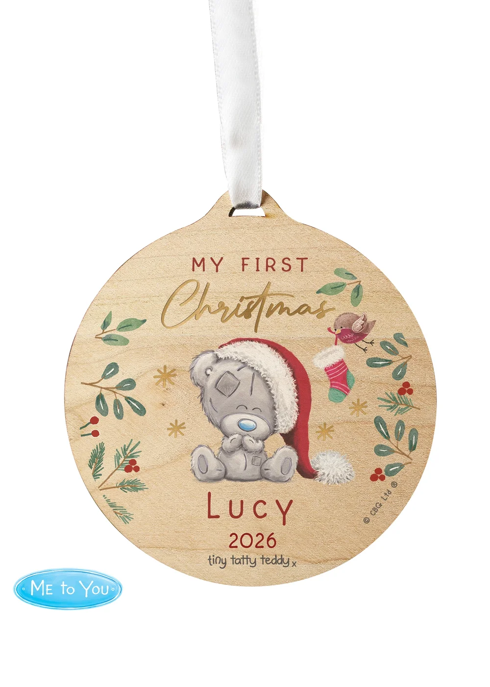 Personalised Memento Company Wood First Christmas Tiny Tatty Teddy Round Decoration - One Size Image 3