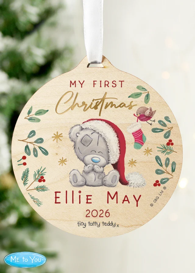 Personalised Memento Company Wood First Christmas Tiny Tatty Teddy Round Decoration