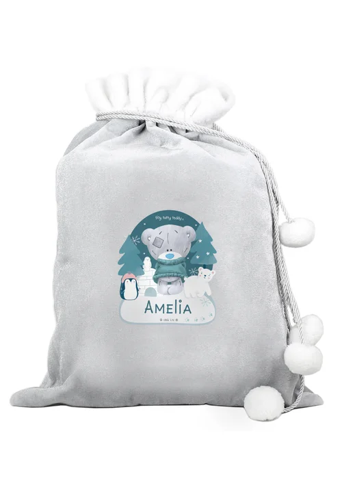 Personalised Memento Company Grey Winter Explorer Tiny Tatty Teddy Luxury Pom Pom Sack - One Size Image 1