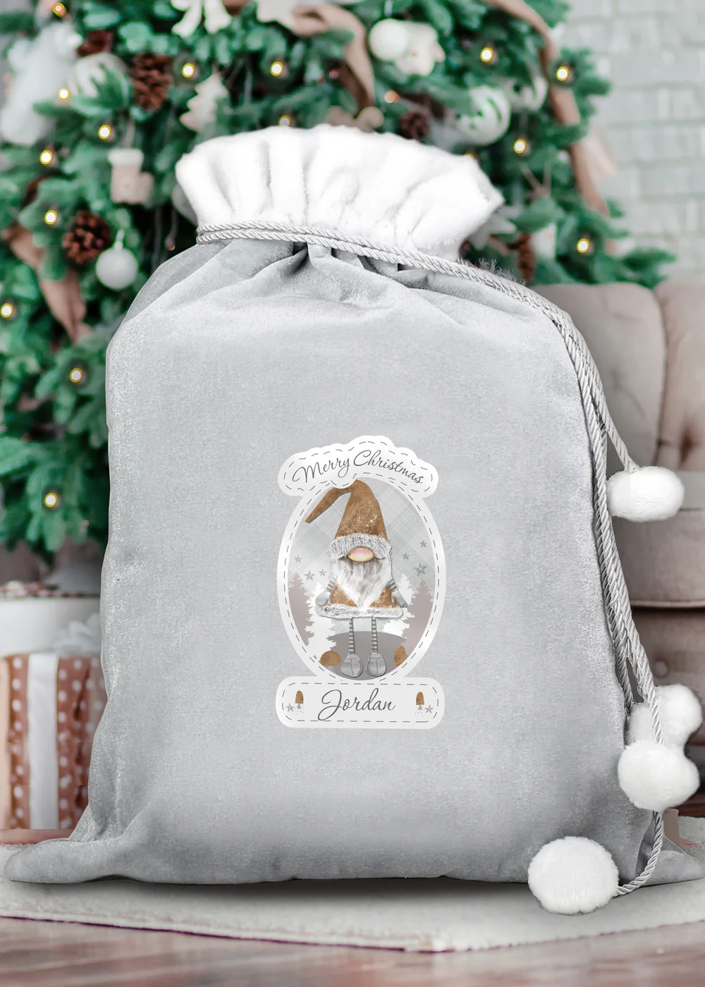 Personalised Memento Company Grey Christmas Gonk Luxury Pom Pom Sack - One Size Image 3