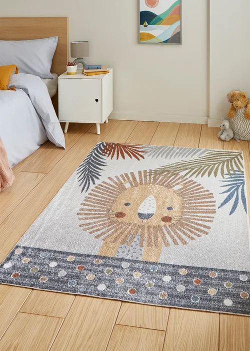 Think Rugs Grey Vida Kids Lion Washable Rug - 80 x 150 Image 1