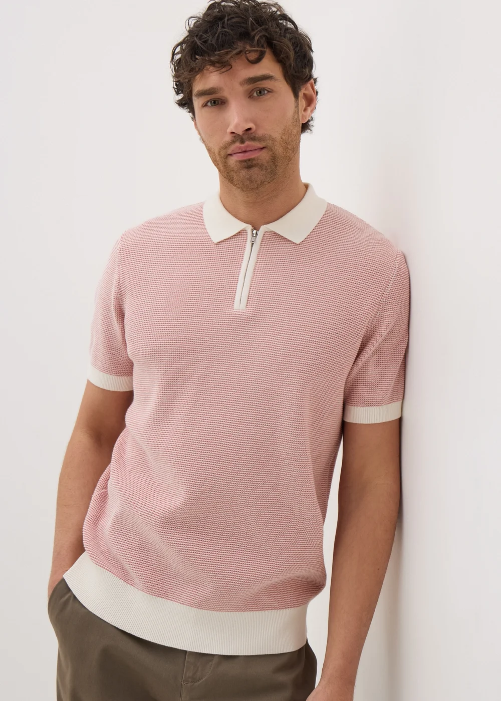 Pink Waffle 1/4 Zip Polo Shirt - S Image 1