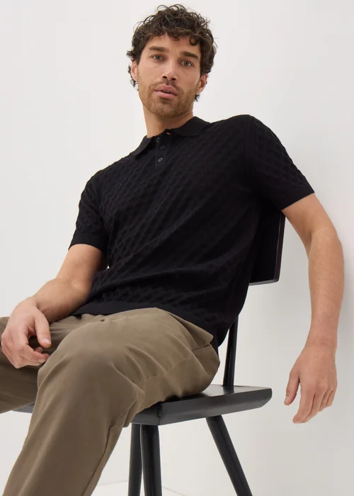Black Textured Pointelle Polo Shirt - S Image 1