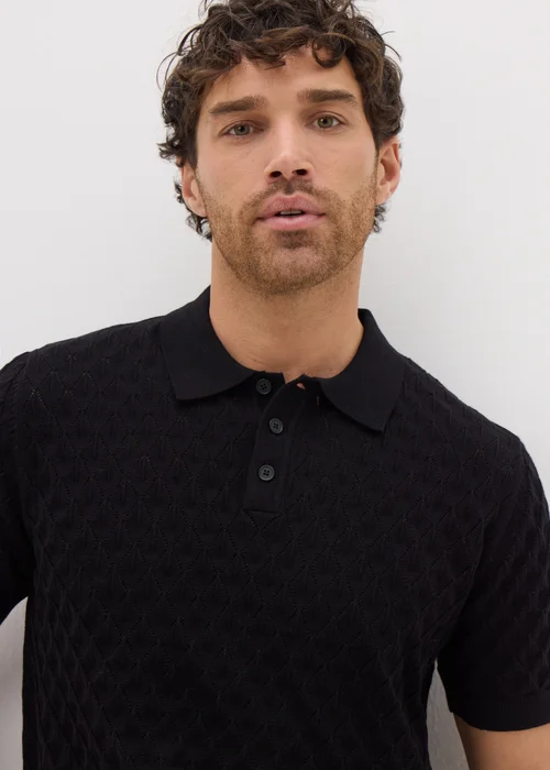 Black Textured Pointelle Polo Shirt - S Image 3