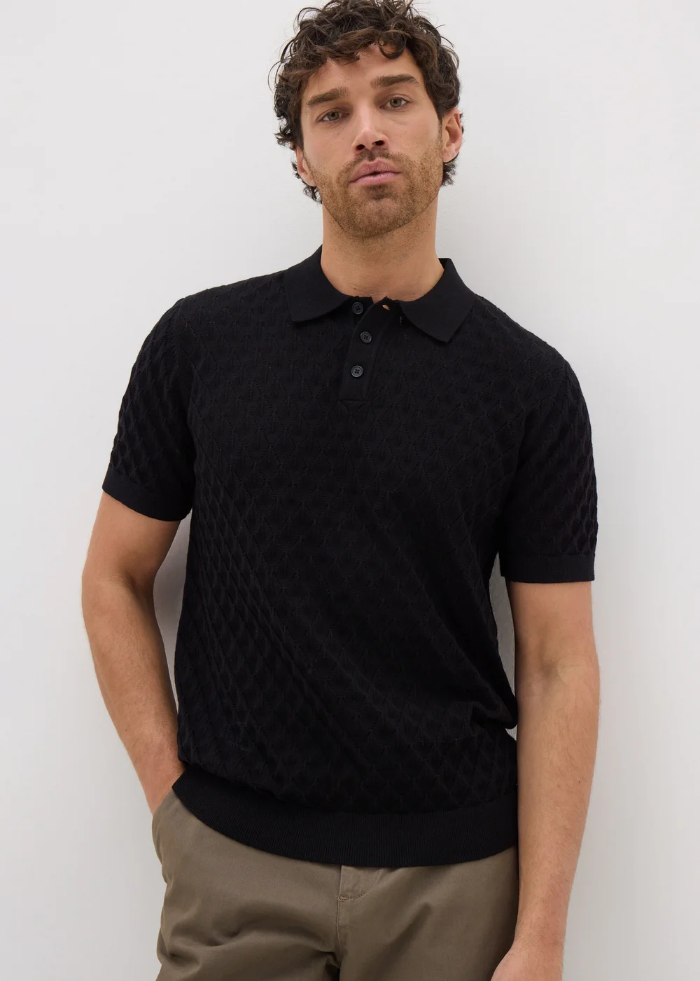 Black Textured Pointelle Polo Shirt - S Image 2