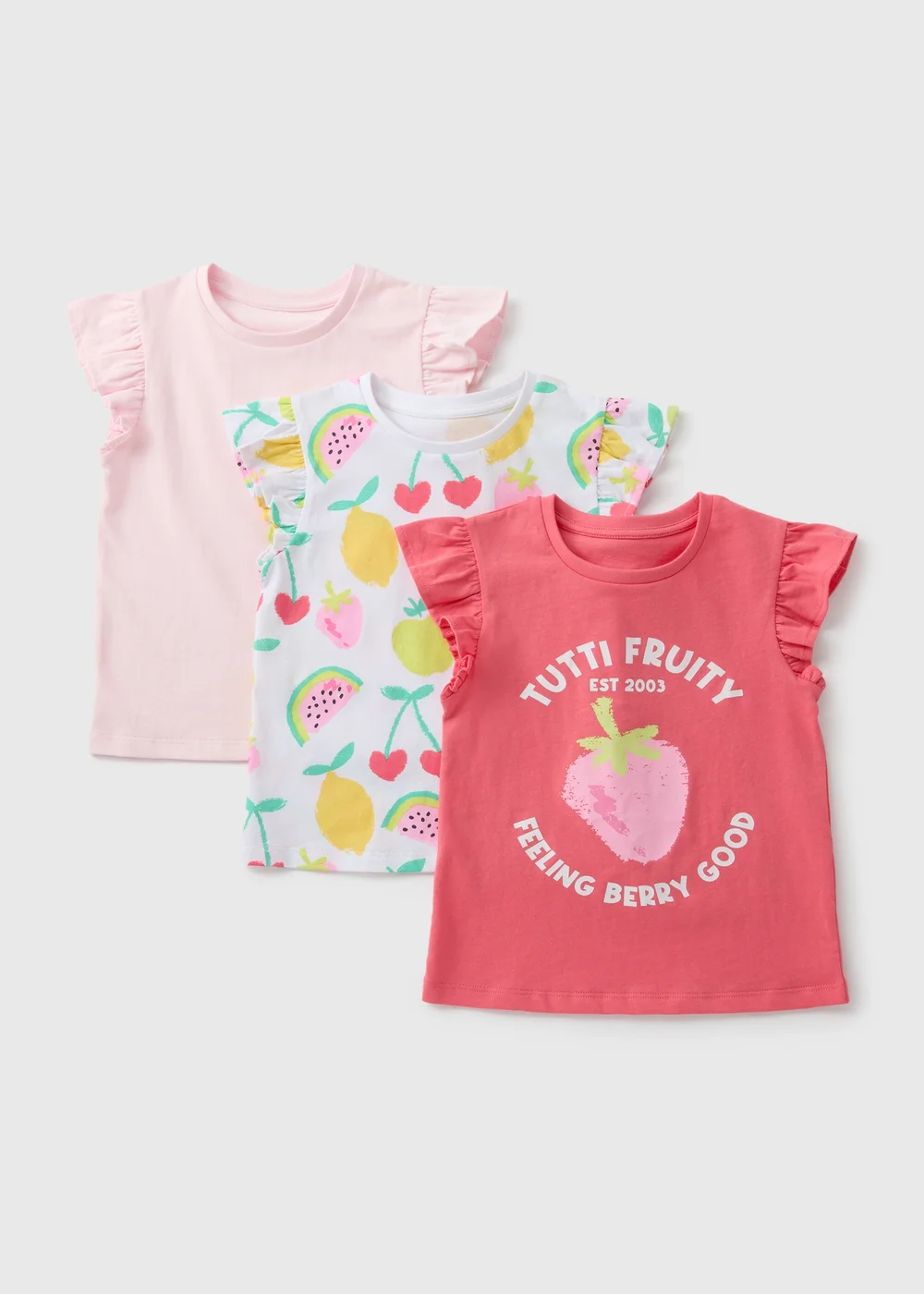 3 Pack Girls Pink Fruit Frill Sleeve T-Shirts (1-7yrs) - 1-1.5 Yrs Image 1