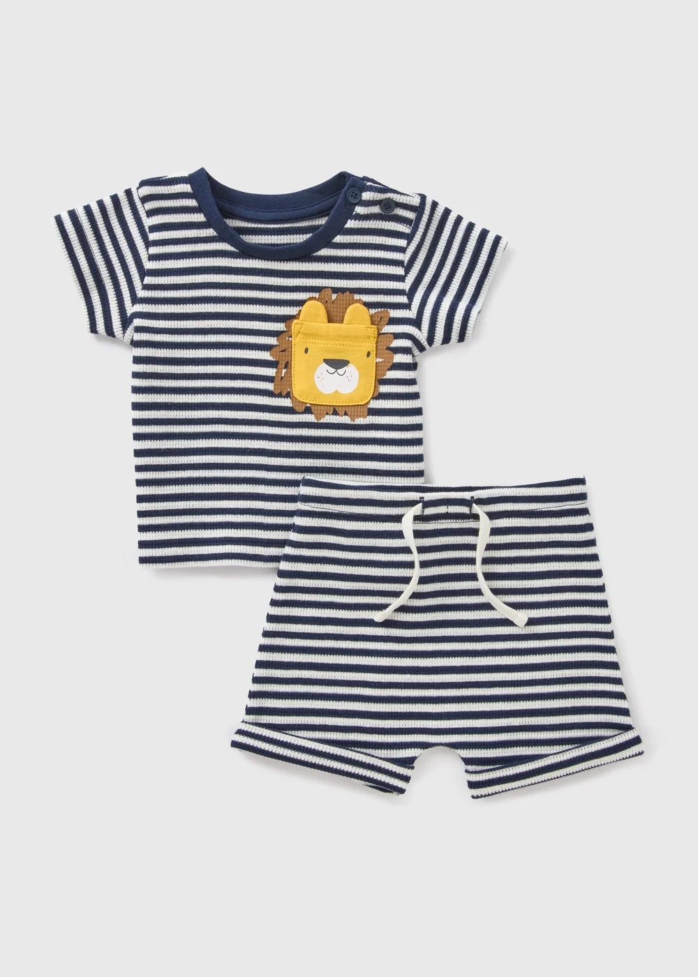 Baby Navy Lion Waffle Stripe Top & Shorts Set (Newborn-23mths) - 0-3 months Image 1