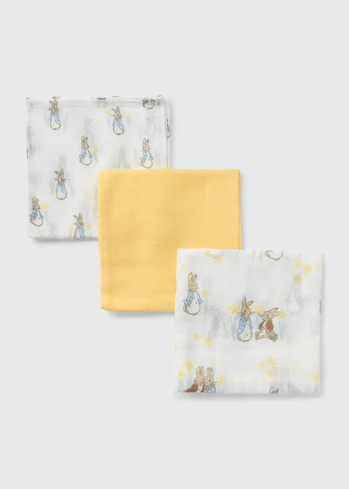 3 Pack Peter Rabbit Baby Yellow Muslin Cloths - One Size Image 2