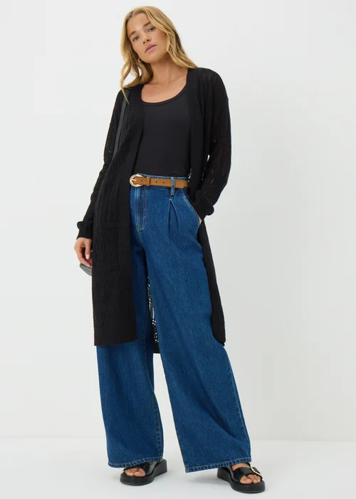 Black Longline Pointelle Cardigan - S Image 1