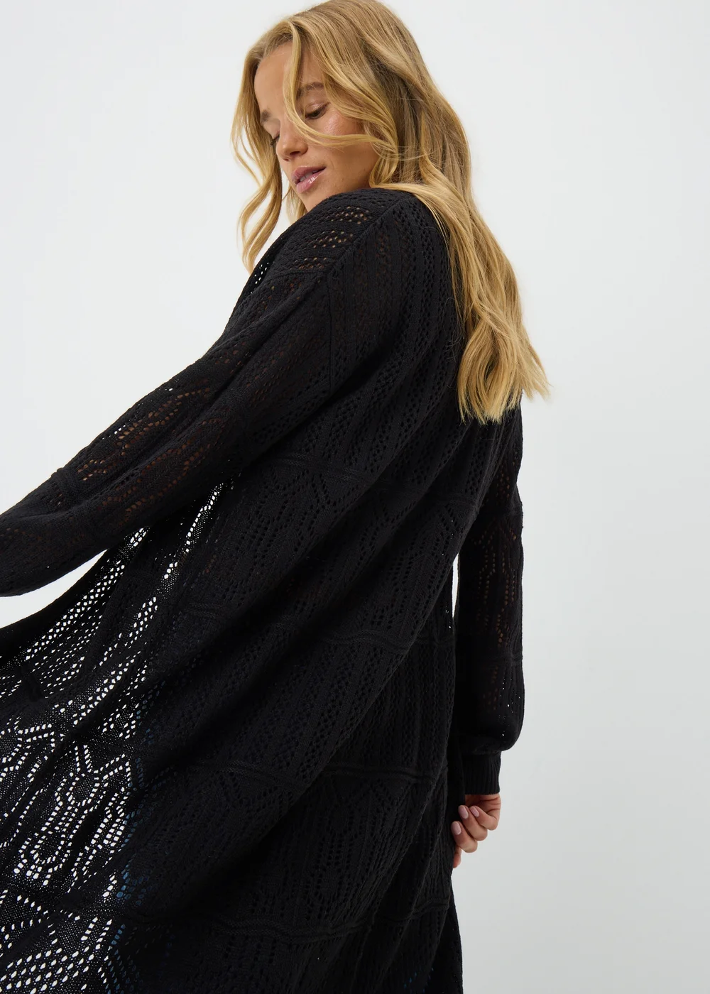 Black Longline Pointelle Cardigan - S Image 2
