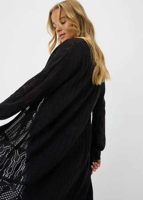 Black Longline Pointelle Cardigan - S Image 2