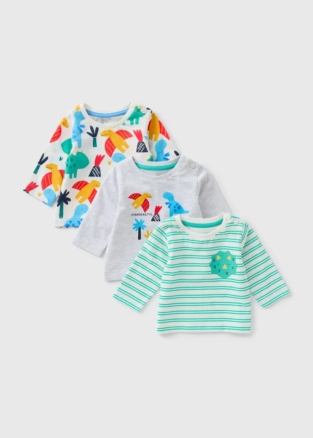 3 Pack Multicolour Dino Long Sleeve Tops (Newborn-23mths) - 0-3 months Image 1