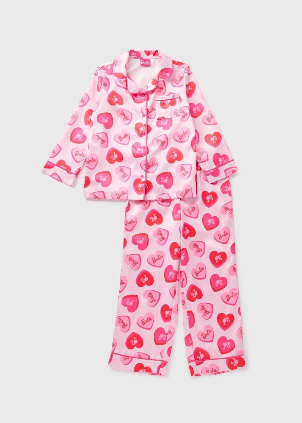 Barbie Girls Pink Heart Satin Pyjama Set (4-13yrs) - Age 7 Years Image 1