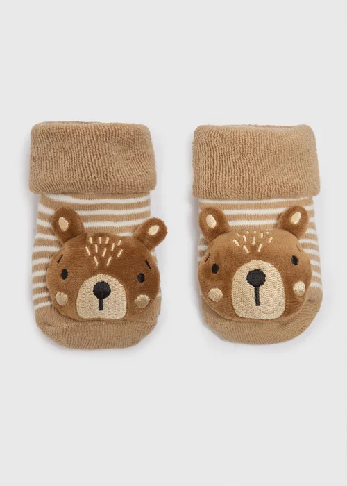 Baby Beige Bear Rattle Socks (Newborn-6mths) - 0-3 months Image 1