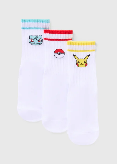 Pokémon 3 Pack Kids White Socks (Younger 9-Older 5.5) - 4-5.5 Image 1