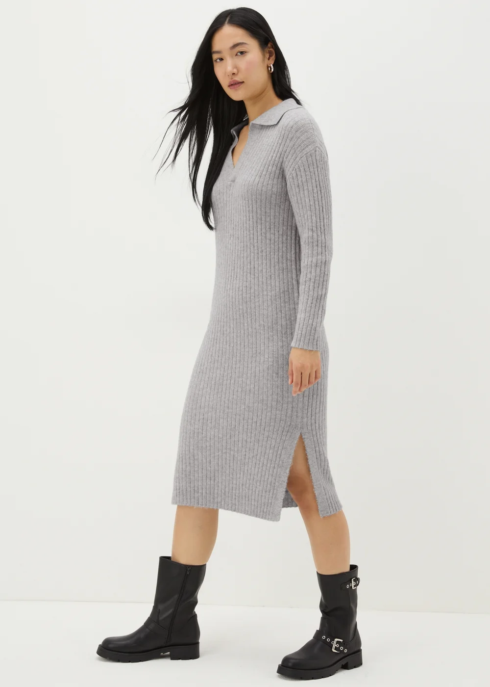 Grey Open Collar Knitted Dress - XS Image 2