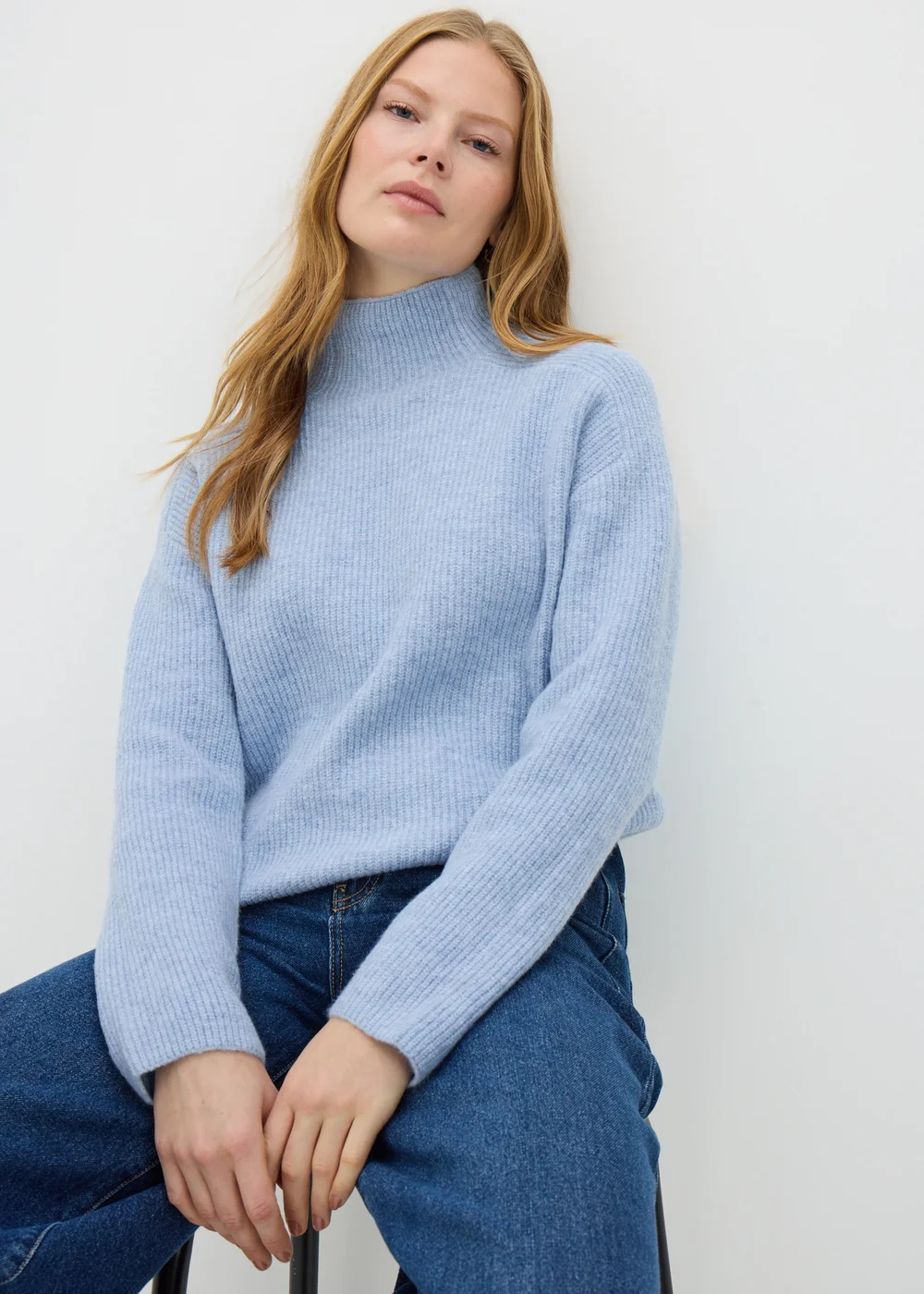 Pale Blue High Neck Ribbed Knit Jumper - XS Image 1