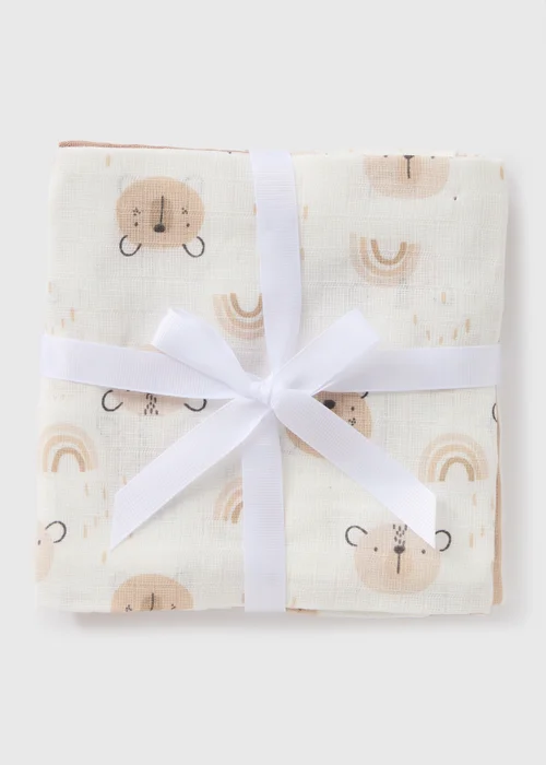 3 Pack Baby Beige Bear Muslin Cloths - One Size Image 1