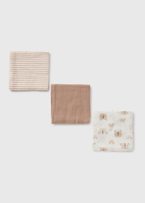 3 Pack Baby Beige Bear Muslin Cloths - One Size Image 2