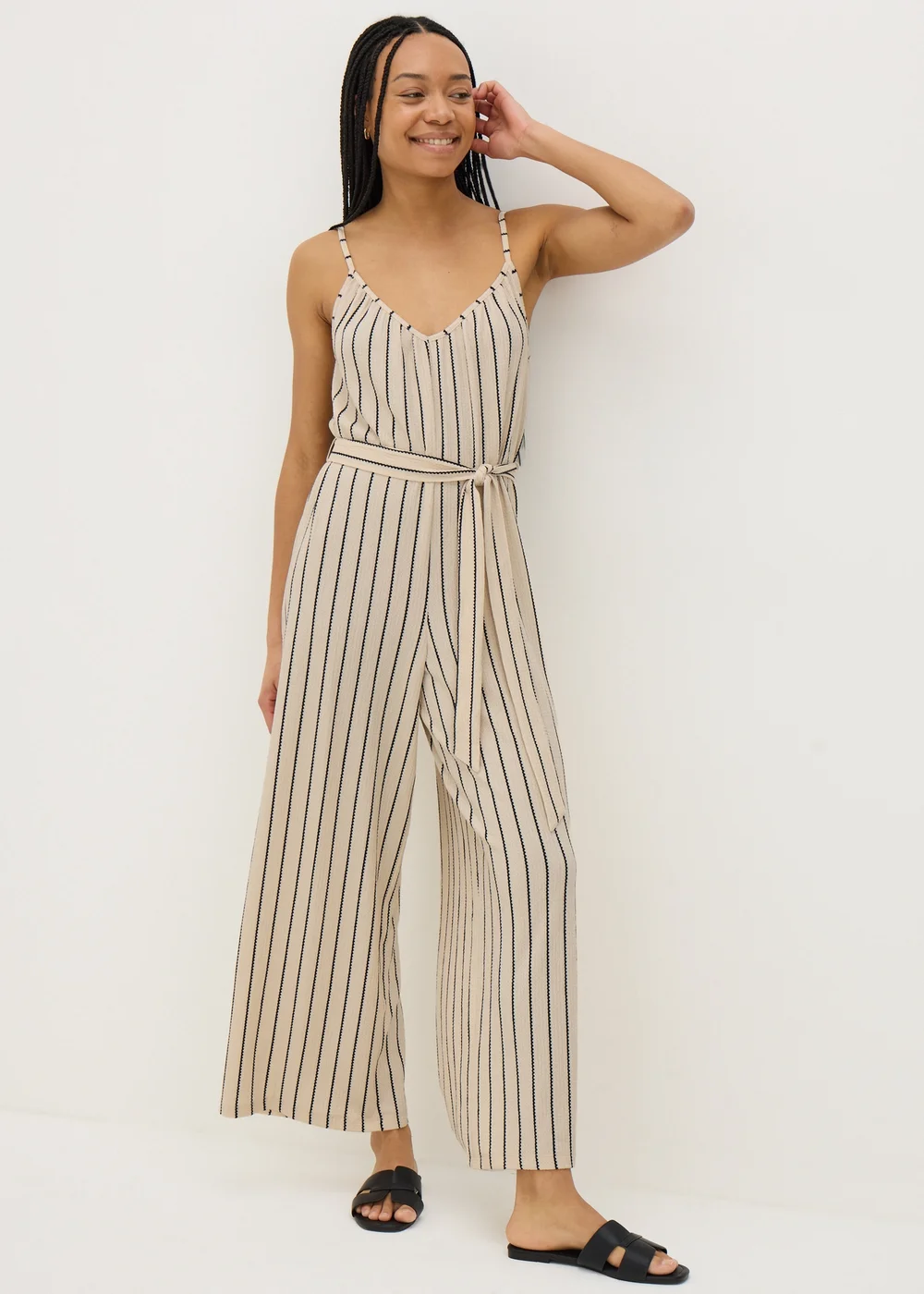 Cream Stripe Wide Leg Jersey Jumpsuit - 8 Image 1
