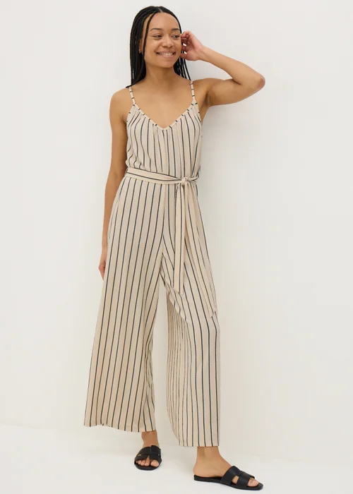Cream Stripe Wide Leg Jersey Jumpsuit - 8 Image 1