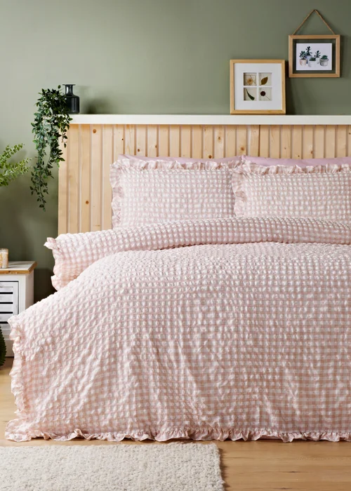Pink Gingham Seersucker Duvet Set - Single Image 1