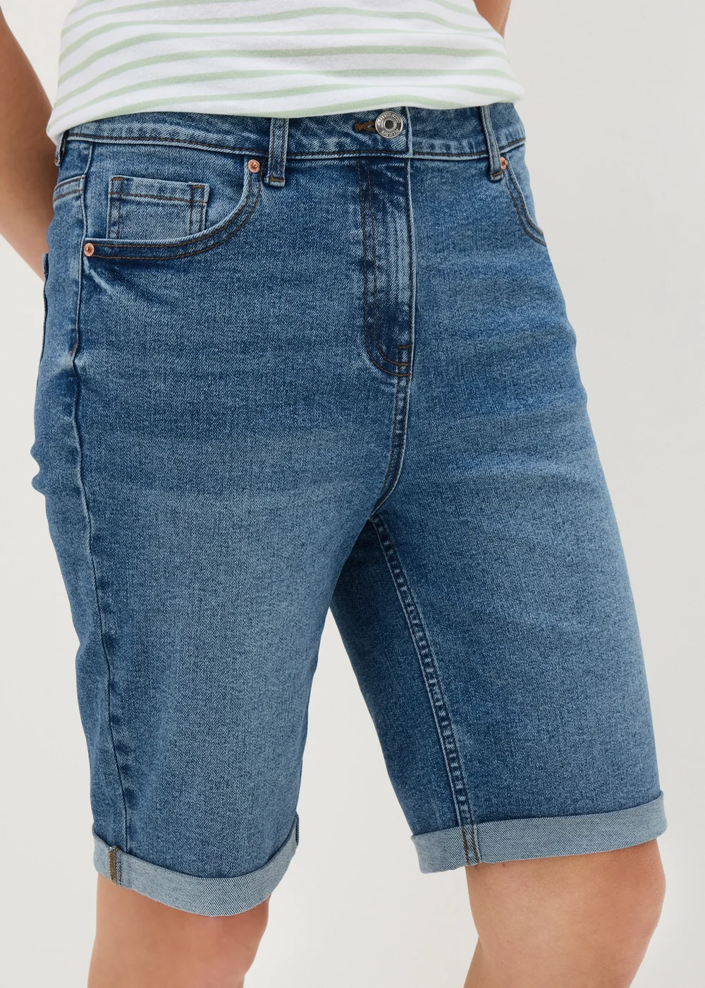Blue Mid Wash Denim Knee Length Shorts - 8 Image 2