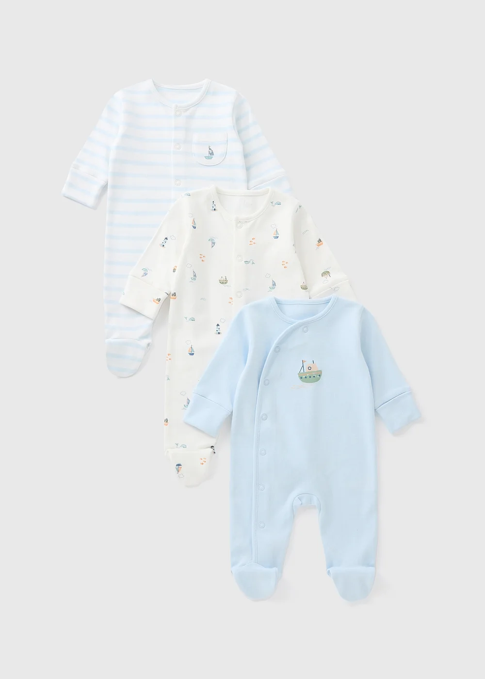 3 Pack Baby Blue Boat Sleepsuits (Newborn-18mths) - Age 0 - 3 Months Image 1