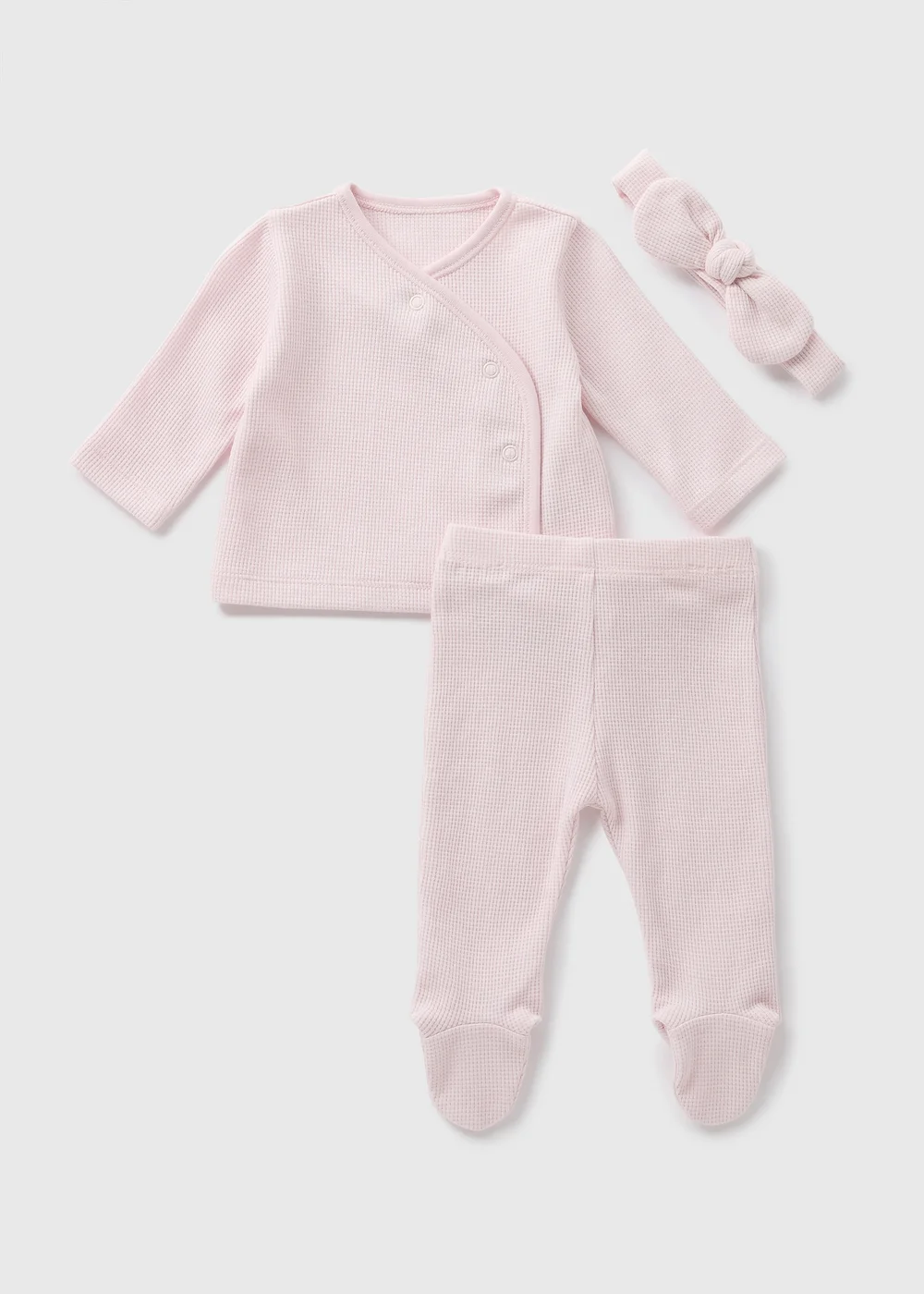 3 Piece Baby Pink Waffle Top & Legging Set (Newborn-12mths) - 0-3 months Image 1