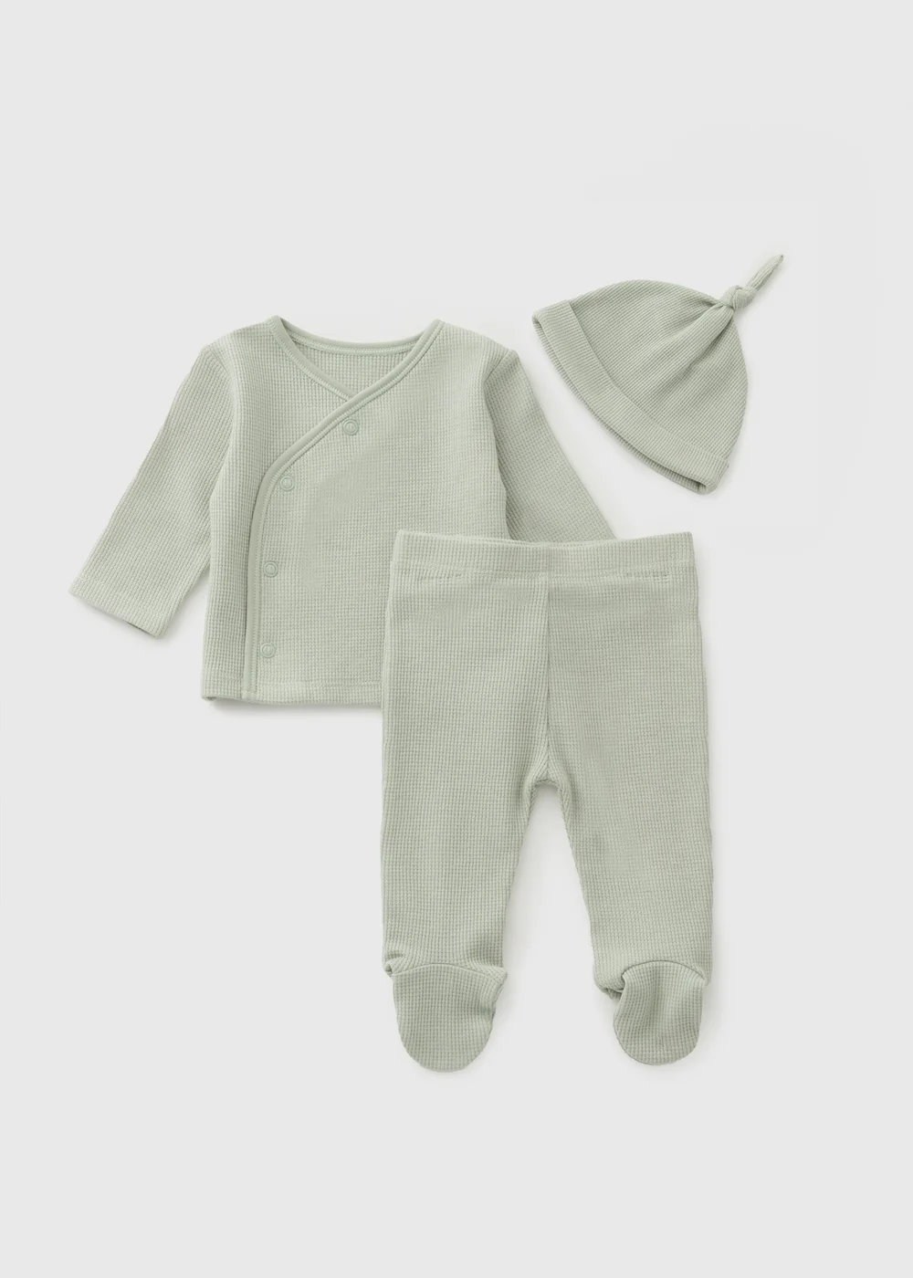 3 Piece Sage Blue Waffle Top & Trouser Set (Newborn-12mths) - 0-3 months Image 1