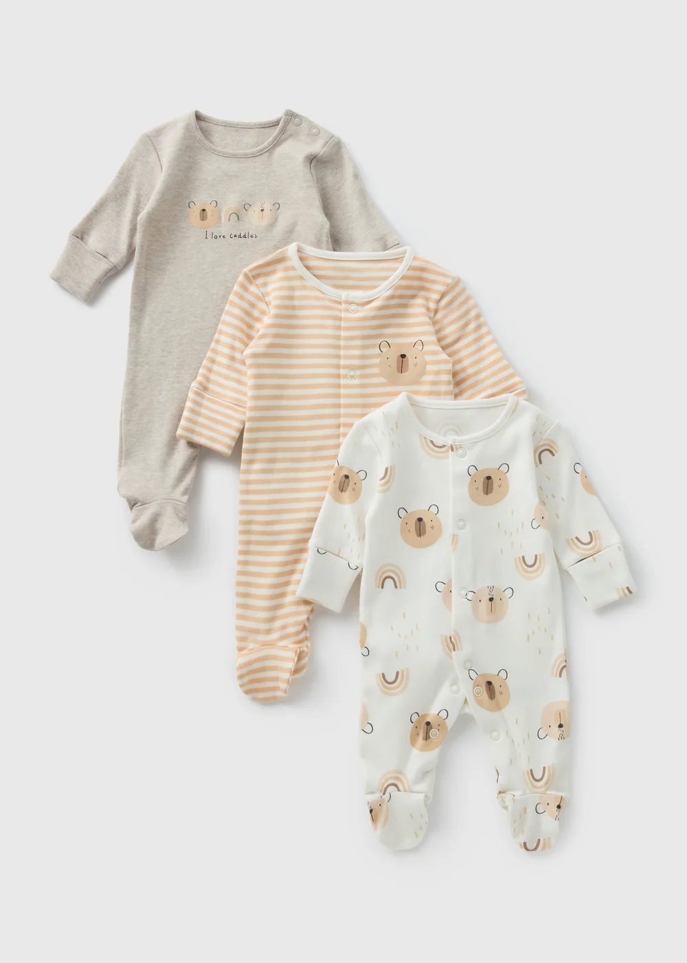 3 Pack Baby Beige Bear Sleepsuits (Newborn-18mths) - Age 0 - 3 Months Image 1