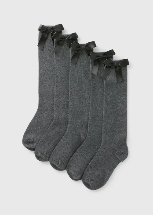 5 Pack Grey Bow Knee High Socks (Younger 6-Older 6.5) - 9-12 Image 1