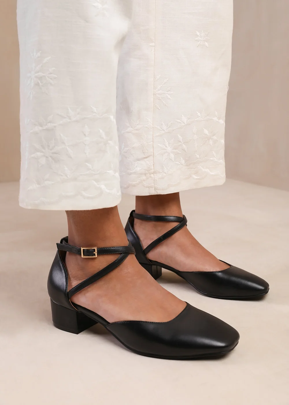 Where's That From Black Peru Low Ankle Strap Block Heels - 3 Image 2