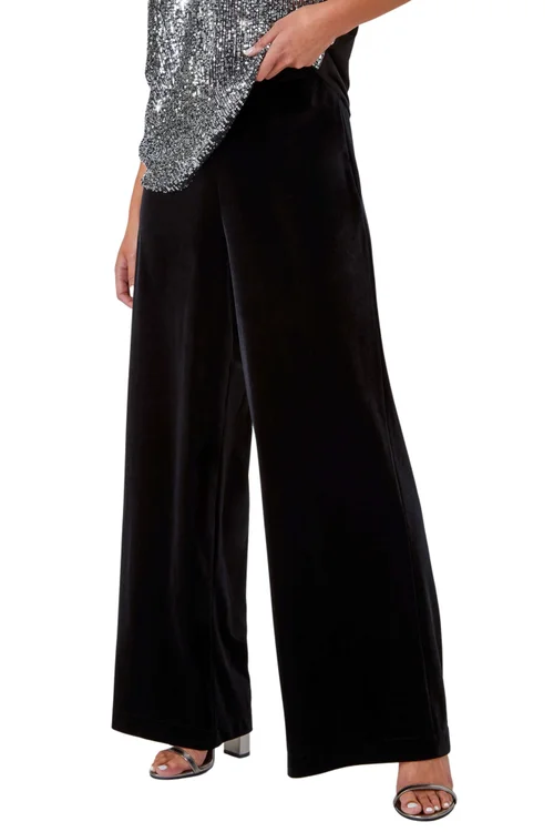 Roman Black Petite Wide Leg Velvet Stretch Trouser - 8 Image 1